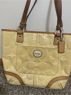 COACH Cream Patent Leather Tote with Tan Trim